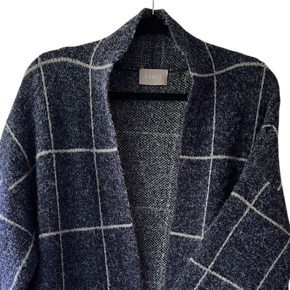 CYRUS | NWOT WINDOWPANE OPEN FRONT LONG SWEATER COAT NAVY BLUE & GRAY | LARGE - Picture 4 of 10
